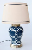 NAVY & WHITE GEOMETRIC LAMP LINEN SHADE WITH BLUE TRIM